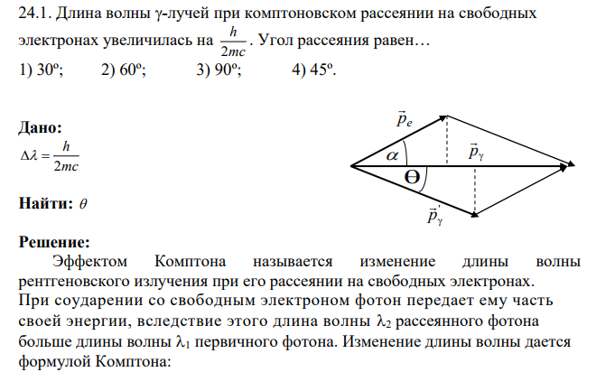 Длина волны -лучей при комптоновском рассеянии на свободных электронах увеличилась на 2 h mc . Угол рассеяния равен… 1) 30º; 2) 60º; 3) 90º; 4) 45º.