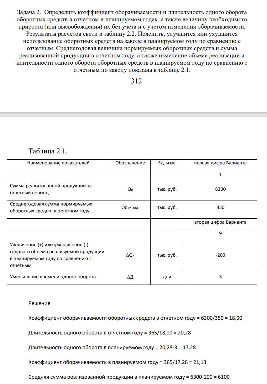 Определит коэфициент оборачиваемости и длительность одного оборота оборотных средств в отчетном и планируемом годах, а также величину необходимого прироста (или высвобождения) их без учета и с учетом изменения оборачиваемости. Результаты расчетов свети в таблицу 2.2