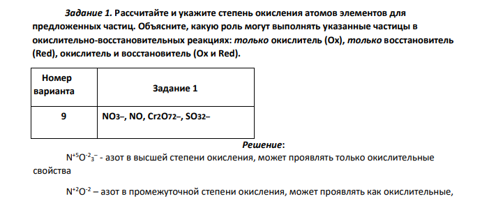 Рассчитайте и укажите степень окисления атомов элементов для предложенных частиц. Объясните, какую роль могут выполнять указанные частицы в окислительно-восстановительных реакциях: только окислитель (Ox), только восстановитель (Red), окислитель и восстановитель (Ox и Red).