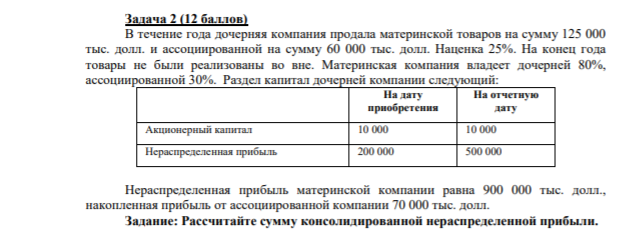 Задача 2 (12 баллов) В течение года дочерняя компания продала материнской товаров на сумму 125 000 тыс. долл. и ассоциированной на сумму 60 000 тыс. долл. Наценка 25%. На конец года товары не были реализованы во вне.