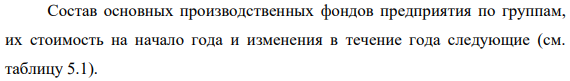 Состав основных производственных фондов предприятия по группам, их стоимость на начало года и изменения в течение года следующие (см. таблицу 5.1). 315 Таблица 5.1 – Исходные данные, тыс. руб.