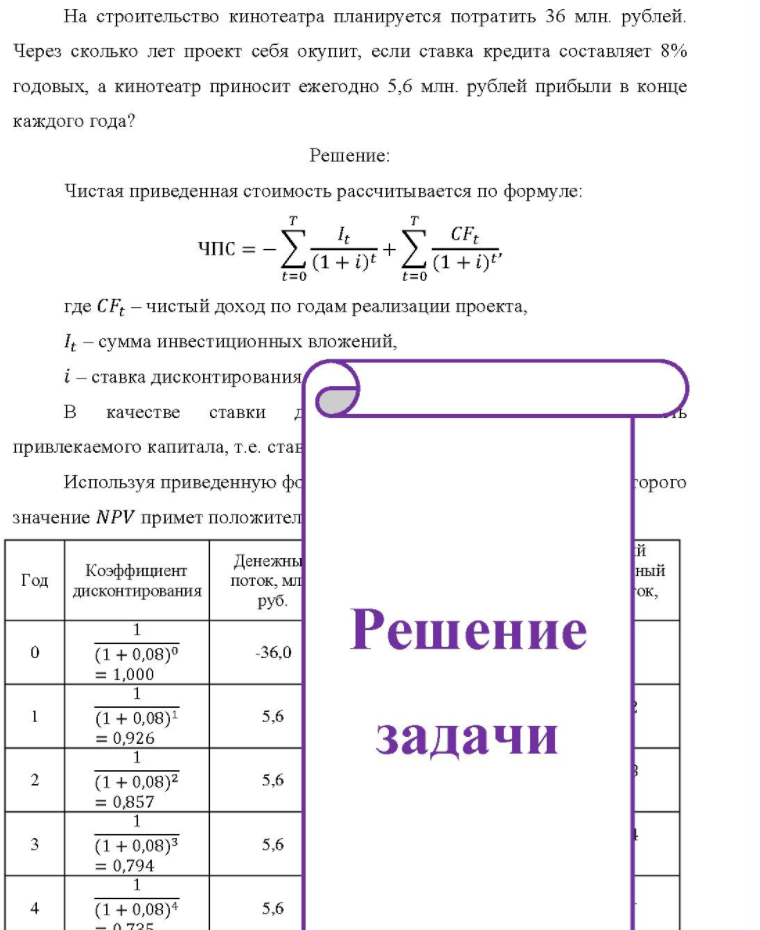 На строительство кинотеатра планируется потратить 36 млн. рублей. Через сколько лет проект себя окупит, если ставка кредита составляет 8% годовых, а кинотеатр приносит ежегодно 5,6 млн. рублей прибыли в конце каждого