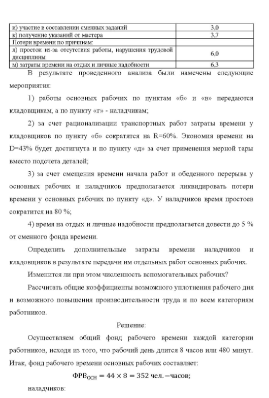 В цехе были проведены массовые фотографии рабочего времени всех основных рабочих, наладчиков и кладовщиков. По полученным данным для каждой категории рабочих были установлены фактически выполняемые функции. Соответствующие балансы времени представлены в таблице 1
