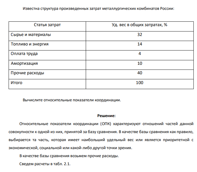 Известна структура произведенных затрат металлургических комбинатов России: Статья затрат Уд. вес в общих затратах
