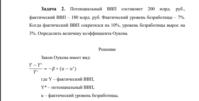 Потенциальный ВВП составляет 200 млрд. руб., фактический ВВП – 180 млрд. руб. Фактический уровень безработицы – 7%. Когда фактический ВВП сократился на 10%, уровень безработицы вырос на 3%. Определить величину коэффициента Оукена.