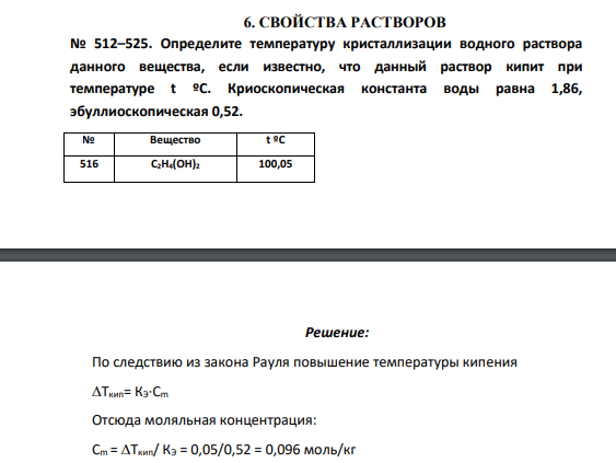 Определите температуру кристаллизации водного раствора данного вещества, если известно, что данный раствор кипит при температуре t ºС. Криоскопическая константа воды равна 1,86, эбуллиоскопическая 0,52. № Вещество t ºС 516 C2H4(OH)2 100,05