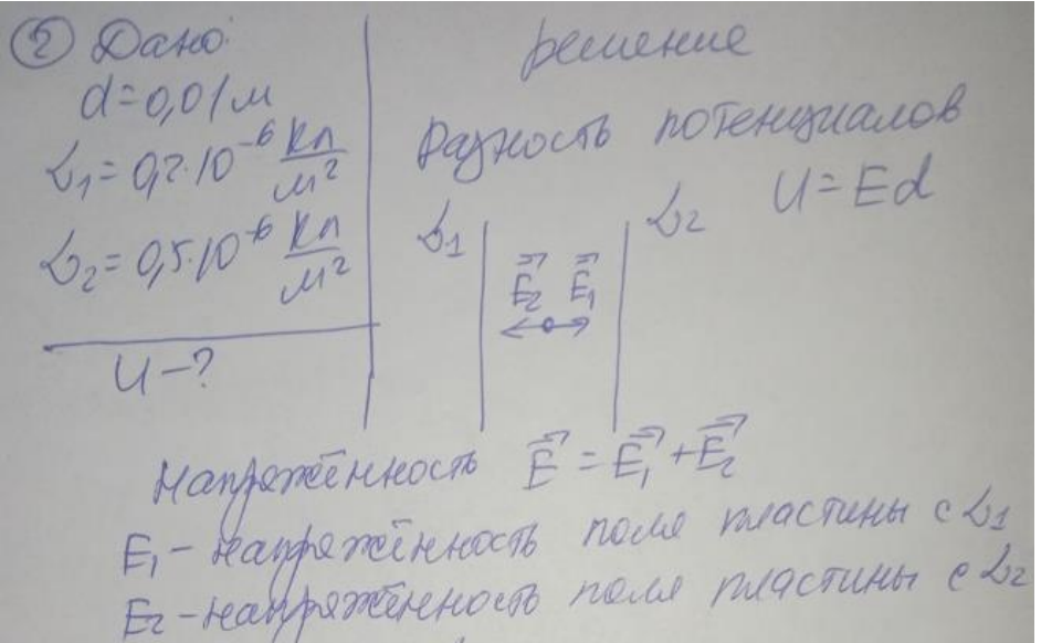 Две бесконечные параллельные плоскости находятся на расстоянии d= 1 см друг от друга. Плоскости несут равномерно распределенные по поверхностям заряды с плотностями о1=0,2 мкКл/м2 и 02=0,5 мкКл/м2, Найти разность потенциалов U пластин.