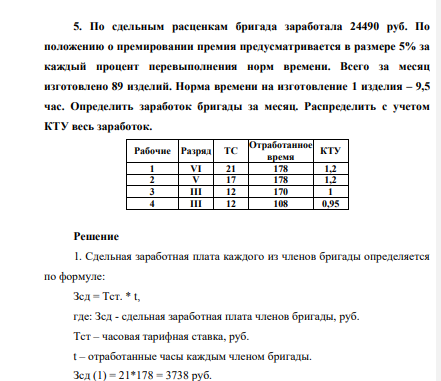 По сдельным расценкам бригада заработала 24490 руб. По положению о премировании премия предусматривается в размере 5% за каждый процент перевыполнения норм времени. Всего за месяц изготовлено 89 изделий.