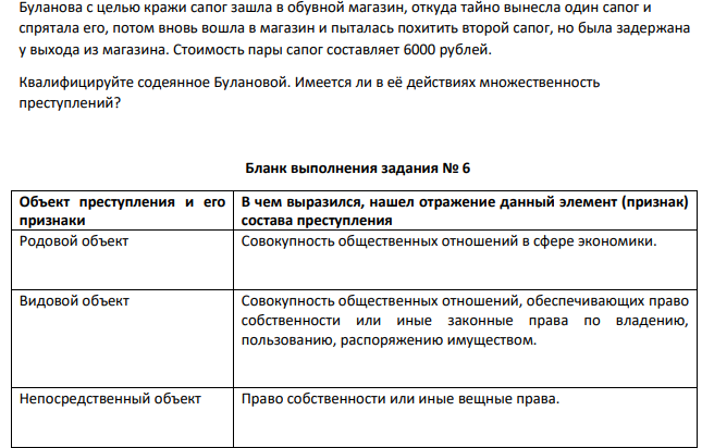Буланова с целью кражи сапог зашла в обувной магазин, откуда тайно вынесла один сапог и спрятала его, потом вновь вошла в магазин и пыталась похитить второй сапог, но была задержана у выхода из магазина.