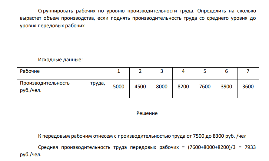 Сгруппировать рабочих по уровню производительности труда. Определить на сколько вырастет объем производства, если поднять производительность труда со среднего уровня до уровня передовых рабочих. Исходные данные: