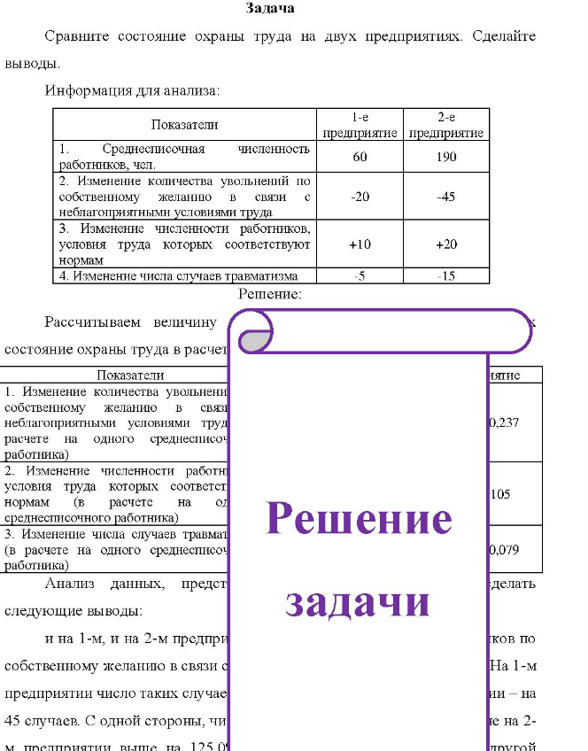 Задача Сравните состояние охраны труда на двух предприятиях. Сделайте выводы. Информация для анализа: Показатели l-e 2-e предприятие предприятие Среднесписочная численность работников, чел.