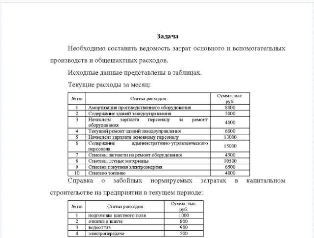 Задача Необходимо составить ведомость затрат основного и вспомогательных производств и общешахтных расходов. Исходные данные представлены в таблицах. Текущие расходы за месяц: Статын расходов Амортизацня производственного оборудовання Содержнние заводоуправления Начислена зарплата персоналу за ремонт оборудования Текущий ремонт зданнй заводоуправлення Начислена зарплата основному персоналу Содержание администратнвно управленч персонала Ствисаны запчасти на ремонт оборудования