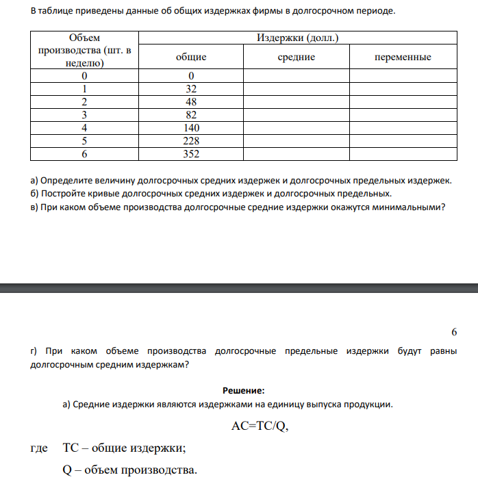 В таблице приведены данные об общих издержках фирмы в долгосрочном периоде. Объем производства (шт. в неделю) Издержки (долл.) общие средние переменные 0 0 1 32 2 48 3 82 4 140 5 228 6 352 а) Определите величину