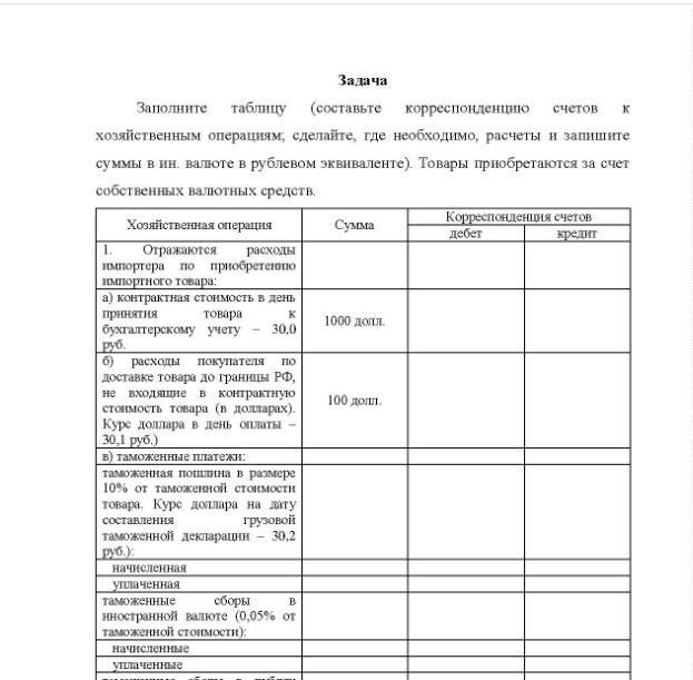 Задача Заполните таблицу (составьте корреспонденцию счетов к хозяйственным операциям, сделайте, где необходимо, расчеты и запишите суммы в ин. валюте в рублевом эквиваленте). Товары приобретаются за счет собственных валютных средств.