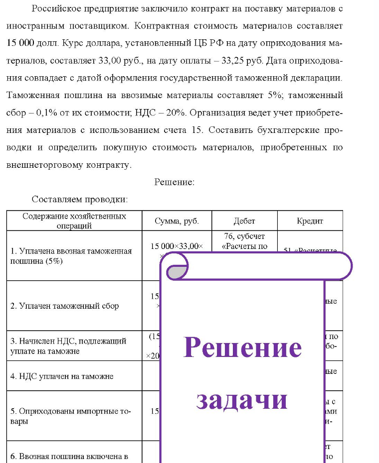 Российское предприятие заключило контракт на поставку материалов с иностранным поставщиком. Контрактная стоимость материалов составляет 15 000 долл. Курс доллара, установленный ЦБ РФ на дату оприходования ма- териалов, составляет 33,00