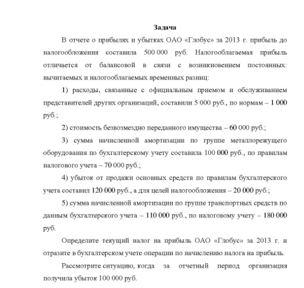 Задача В отчете о прибылях и убытках ОАО «Глобус» за 2013 г. прибыль до налогообложения составила 500 000 руб. Налогооблагаемая прибыль отличается от балансовой в связи с возникновением постоянных вычитаемых и налогооблагаемых временных разниц: