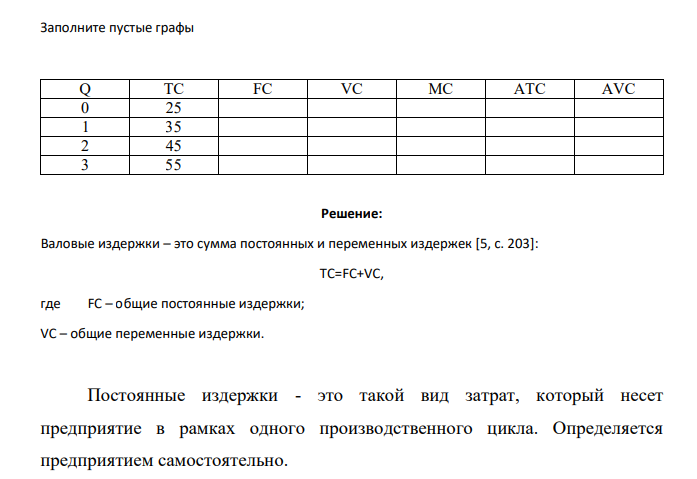 Заполните пустые графы Q TC FC VC MC ATC AVC 0 25 1 35 2 45 3 55