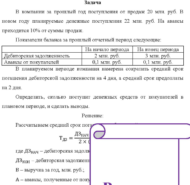 В компании за прошлый год поступления от продаж 20 млн. руб. В новом году планируемые денежные поступления 22 млн. руб.