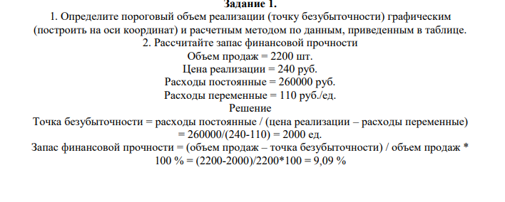 Определите пороговый объем реализации (точку безубыточности) графическим (построить на оси координат) и расчетным методом по данным, приведенным в таблице. 2. Рассчитайте запас финансовой прочности Объем продаж = 2200 шт.