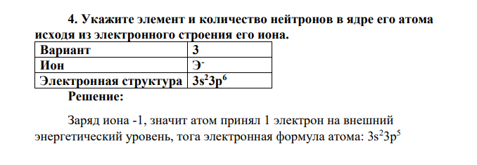 Укажите элемент и количество нейтронов в ядре его атома исходя из электронного строения его иона. Вариант 3 Ион Э - Электронная структура 3s23p6