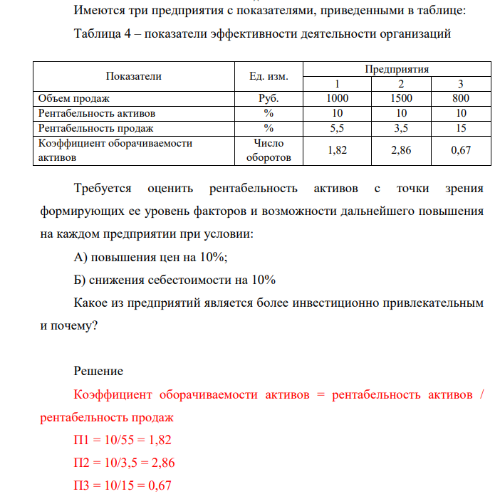 Имеются три предприятия с показателями, приведенными в таблице: Таблица 4 – показатели эффективности деятельности организаций