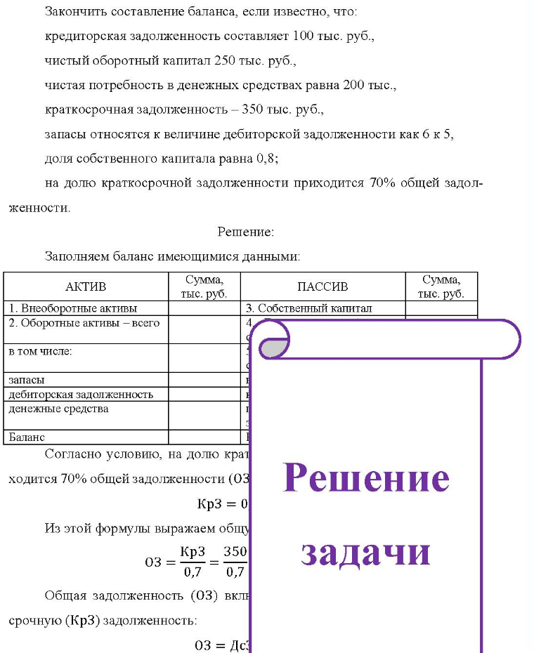 Закончить составление баланса, если известно, что: кредиторская задолженность составляет 100 тыс. руб., чистый оборотный капитал 250 тыс. руб., чистая потребность в денежных средствах равна 200 тыс., краткосрочная задолженность - 350