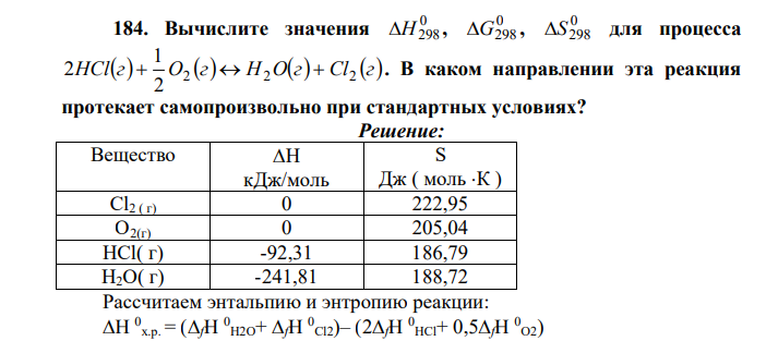 Вычислите значения 0 Н298 , 0 G298 , 0 S298 для процесса HClг O г H Oг Cl г 2 2 2 2 1 2 . В каком направлении эта реакция протекает самопроизвольно при стандартных условиях?