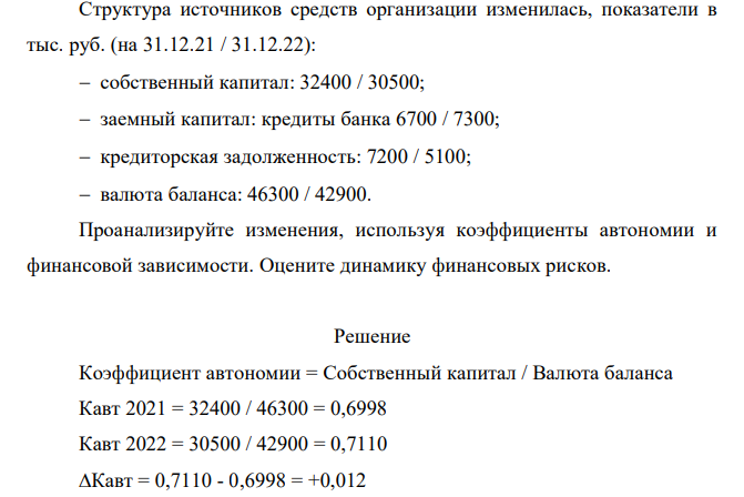 Структура источников средств организации изменилась, показатели в тыс. руб. (на 31.12.21 / 31.12.22): собственный капитал: 32400 / 30500; заемный капитал: кредиты банка 6700 / 7300; кредиторская задолженность