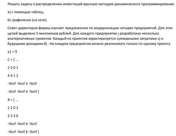Решить задачу о распределении инвестиций вручную методом динамического программирования a) с помощью таблиц, b) графически (на сети). Совет директоров фирмы изучает предложения по модернизации четырех предприятий