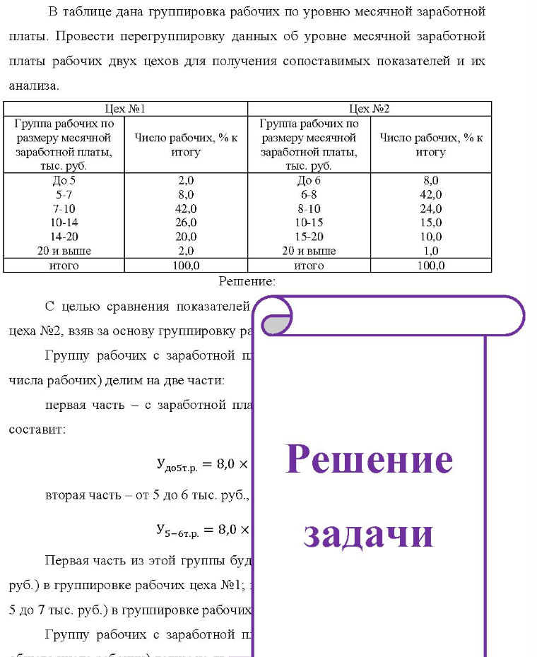 В таблице дана группировка рабочих по уровню месячной заработной платы. Провести перегруппировку данных об уровне месячной заработной платы рабочих двух цехов для получения сопоставимых показателей и их анализа. Цех №1 Цех №2 Группа рабочих