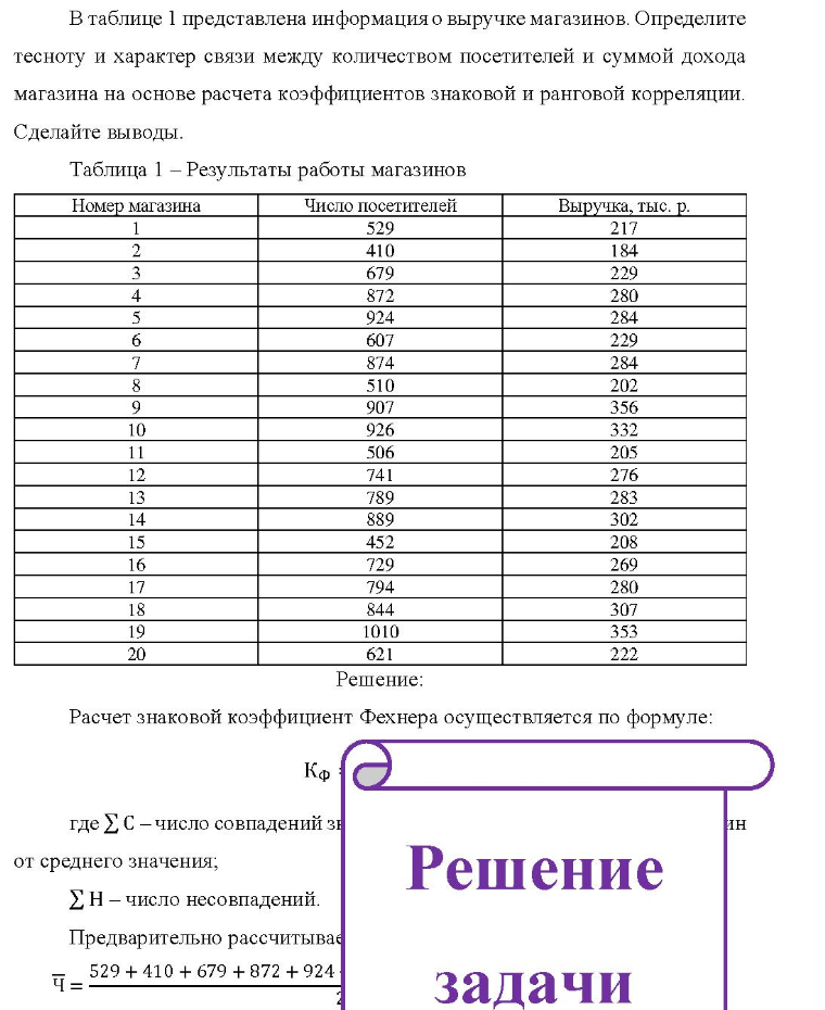 В таблице 1 представлена информация о выручке магазинов. Определите тесноту и характер связи между количеством посетителей и суммой дохода магазина на основе расчета коэффициентов знаковой и ранговой корреляции. Сделайте выводы. Таблица 1 -