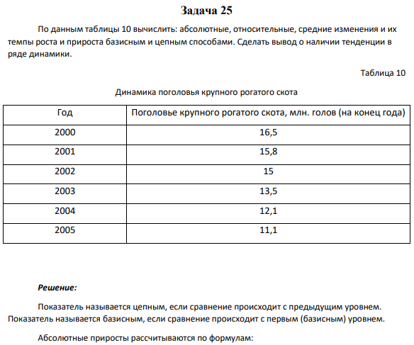 Задача 25 По данным таблицы 10 вычислить: абсолютные, относительные, средние изменения и их темпы роста и прироста базисным и цепным способами. Сделать вывод о наличии тенденции в ряде динамики. Таблица 10