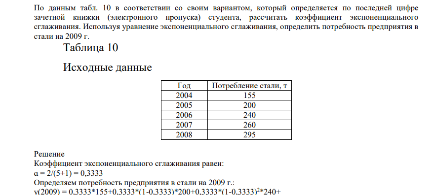 По данным табл. 10 в соответствии со своим вариантом, который определяется по последней цифре зачетной книжки (электронного пропуска) студента, рассчитать коэффициент экспоненциального сглаживания. Используя уравнение экспоненциального сглаживания, определить потребность предприятия в стали на 2009 г.