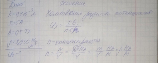 Через сечение медной пластинки толщиной 0,1 мм пропускается ток 5 А. Пластинка помещается в однородное магнитное поле с индукцией 0,5 Тл, перпендикулярное ребру пластинки и направлению тока. Считая концентрацию электронов проводимости равной концентрации атомов, определить возникающую в пластине поперечную (холловскую) разность потенциалов. Плотность меди 8,93 г/см3 . [1,85 мкВ]