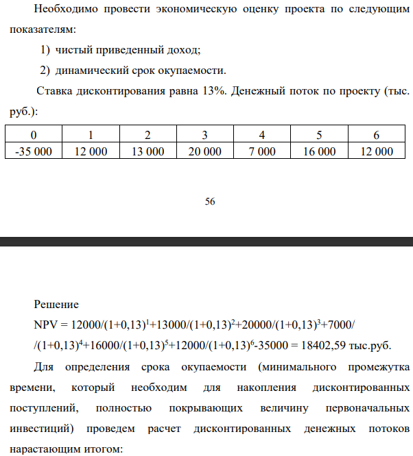 Необходимо провести экономическую оценку проекта по следующим показателям: 1) чистый приведенный доход; 2) динамический срок окупаемости. Ставка дисконтирования равна 13%. Денежный поток по проекту (тыс. руб.):