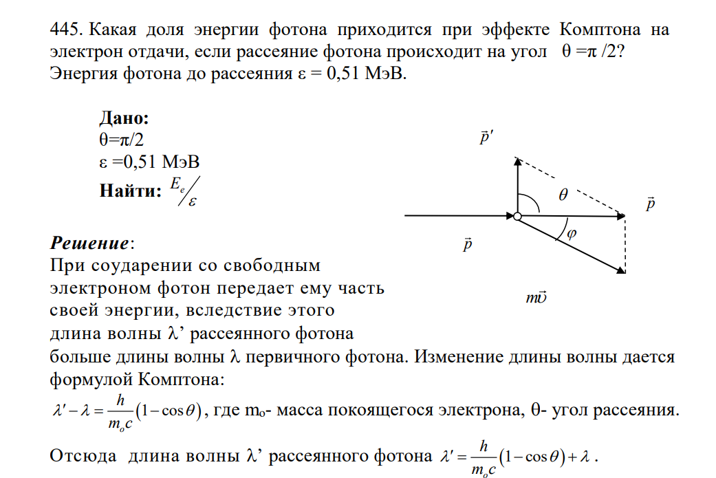 Какая доля энергии фотона приходится при эффекте Комптона на электрон отдачи, если рассеяние фотона происходит на угол θ =π /2? Энергия фотона до рассеяния ε = 0,51 МэВ.