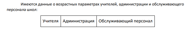 Имеются данные о возрастных параметрах учителей, администрации и обслуживающего персонала школ: Учителя Администрация Обслуживающий персонал 24 59 34 27 35 29 26 29 35 50 40 31 48 39 40 40 59 45 56 Требуется сделать
