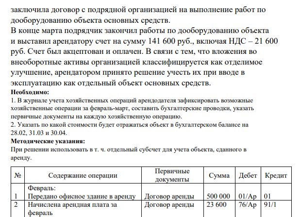 ВАРИАНТ 8 Задача 1 В феврале организация сдала в аренду офисное здание, стоимость которого в передаточном акте указана 500 000 руб.