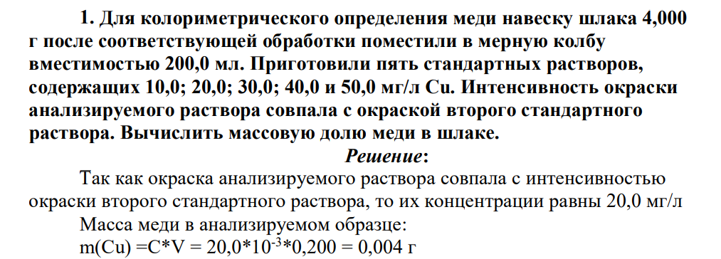 Для колориметрического определения меди навеску шлака 4,000 г после соответствующей обработки поместили в мерную колбу вместимостью 200,0 мл. Приготовили пять стандартных растворов, содержащих 10,0; 20,0; 30,0; 40,0 и 50,0 мг/л Сu.