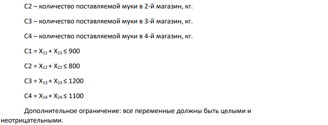 Две торговые базы обеспечивают четыре магазина мукой. Известны транспортные расходы на перевозку муки от каждого поставщика каждому потребителю, руб./кг.