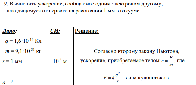 Вычислить ускорение, сообщаемое одним электроном другому, находящемуся от первого на расстоянии 1 мм в вакууме.