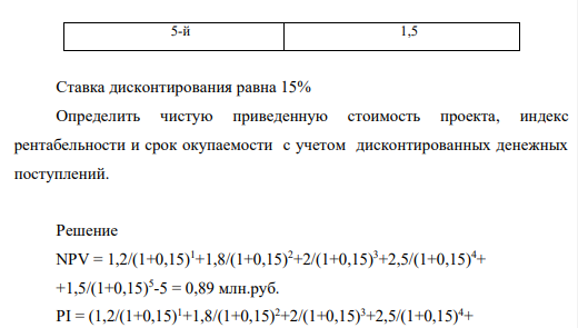 На предприятии осуществлены реконструкция и техническое перевооружение производства, на проведение которых было израсходовано 5 млн.руб. В результате этого денежные поступления за расчетный период по годам составили: Год Сумма денежных поступлений (млн.руб) 1-й 1,2 2-й 1,8 3-й 2,0 4-й 2,5 5-й 1,5 Ставка дисконтирования равна 15%