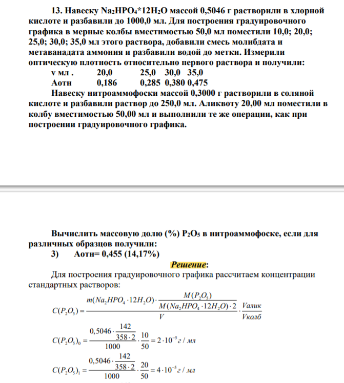 Навеску Na2HPO4*12H2O массой 0,5046 г растворили в хлорной кислоте и разбавили до 1000,0 мл. Для построения градуировочного графика в мерные колбы вместимостью 50,0 мл поместили 10,0; 20,0; 25,0; 30,0; 35,0 мл этого раствора, добавили смесь молибдата и метаванадата аммония и разбавили водой до метки
