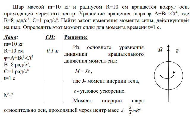 Шар массой m=10 кг и радиусом R=10 см вращается вокруг оси, проходящей через его центр. Уравнение вращения шара φ=A+Bt3 -Сt4 , где В=8 рад/с3 , С=1 рад/с4 .