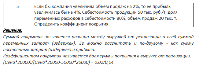 Если бы компания увеличила объем продаж на 2%, то ее прибыль увеличилась бы на 4%. Себестоимость продукции 50 тыс. руб./т, доля переменных расходов в себестоимости 80%, объем продаж 20 тыс. т. Определить коэффициент покрытия.