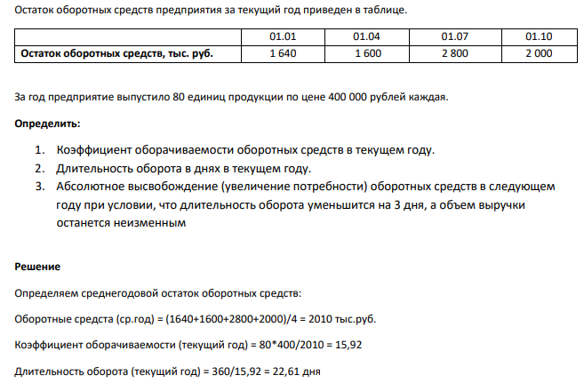 Остаток оборотных средств предприятия за текущий год приведен в таблице. За год предприятие выпустило 80 единиц продукции по цене 400 000 рублей каждая. Определить: 1. Коэффициент оборачиваемости оборотных средств в текущем году. 2. Длительность оборота в днях в текущем году. 3