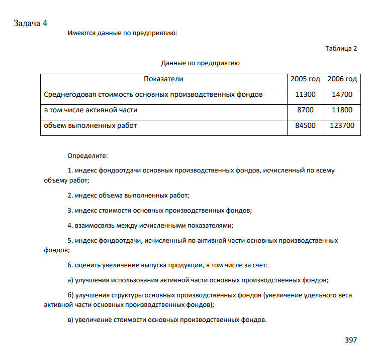 Имеются данные по предприятию: Таблица 2 Данные по предприятию Показатели 2005 год 2006 год Среднегодовая стоимость основных производственных фондов 11300 14700 в том числе активной части 8700 11800 объем выполненных работ 84500 123700 Определите: 1. индекс фондоотдачи основных производственных фондов, исчисленный по всему объему работ;