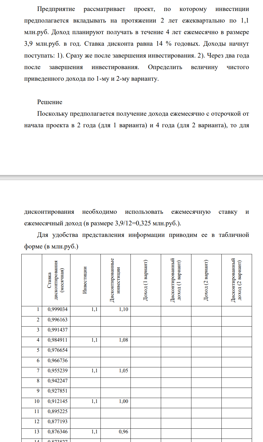 Предприятие рассматривает проект, по которому инвестиции предполагается вкладывать на протяжении 2 лет ежеквартально по 1,1 млн.руб. Доход планируют получать в течение 4 лет ежемесячно в размере 3,9 млн.руб. в год. Ставка дисконта равна 14 % годовых. Доходы начнут поступать: 1). Сразу же после завершения инвестирования.
