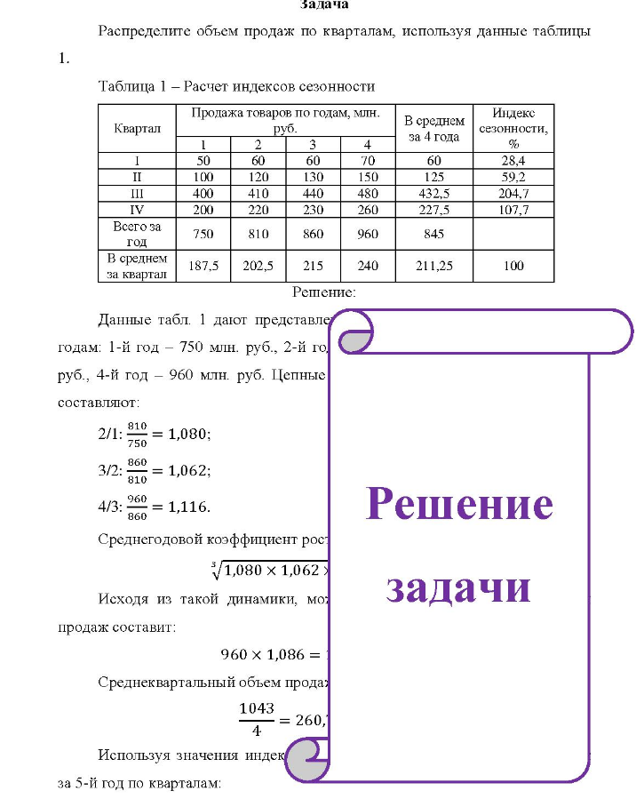 Распределите объем продаж по кварталам, используя данные таблицы 1. Таблица 1 - Расчет индексов сезонности Квартал Продажа товаров по годам, млн. руб. В среднем за 4 года Индекс сезонности, % III IV Всего за год 50 100 400 200 750 60 120 410 220 810 60 130 440 230 860 70 150 480 260 960 60 28.4 125 59,2 432,5 204.7 227,5 107,7 845 В среднем за квартал 187,5 202,5 215 240 211,25 100
