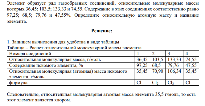 Элемент образует ряд газообразных соединений, относительные молекулярные массы которых 36,45; 103,5; 133,33 и 74,55. Содержание в этих соединениях соответственно равно 97,25; 68,5; 79,76 и 47,55%.
